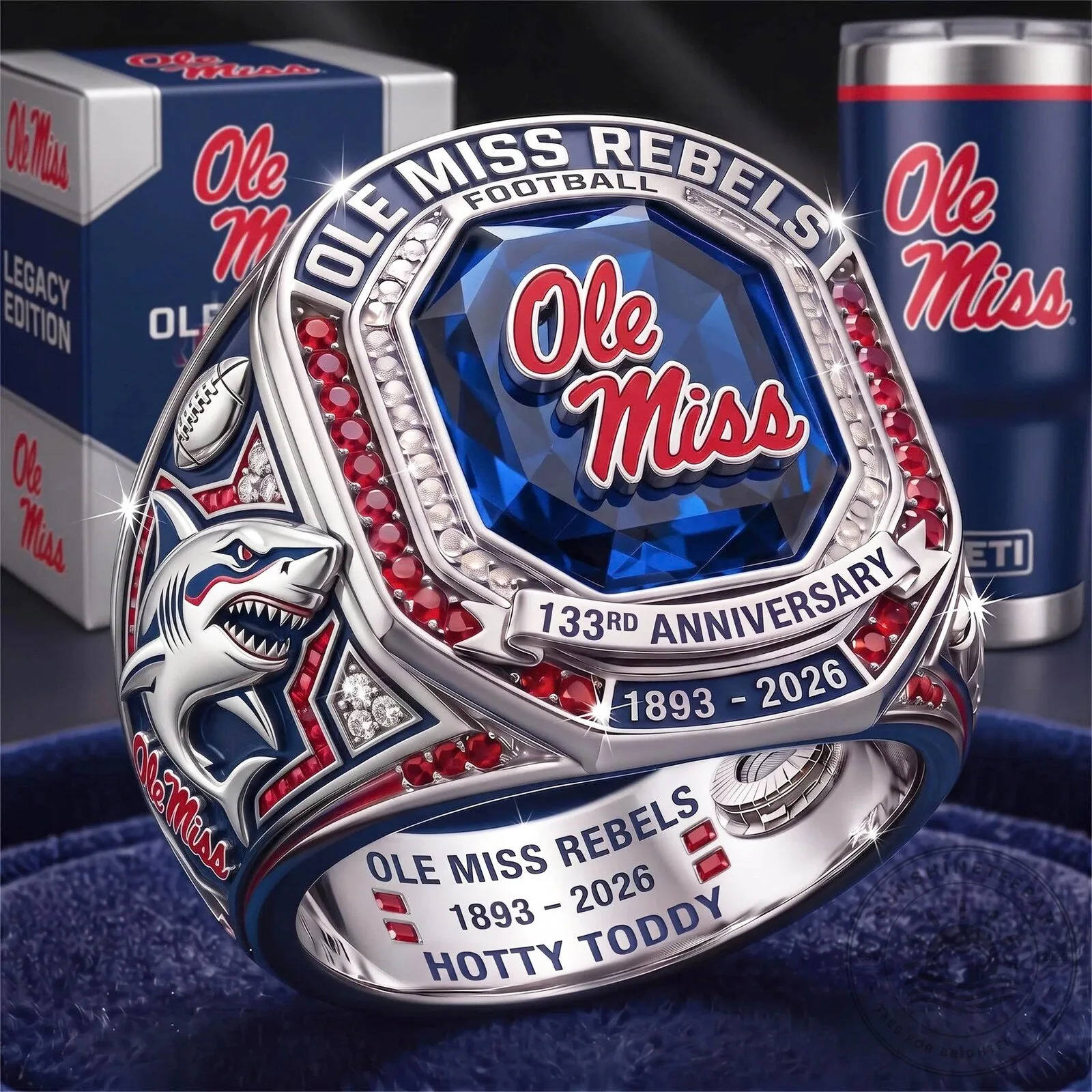 Ole Miss Rebels Football 133rd Anniversary Commemorative Ring with Shark Design