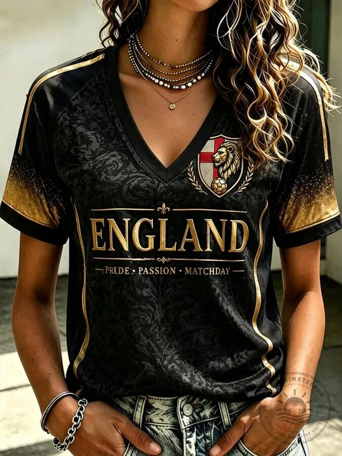 England Football Lion Crest Black and Gold V-Neck T-Shirt