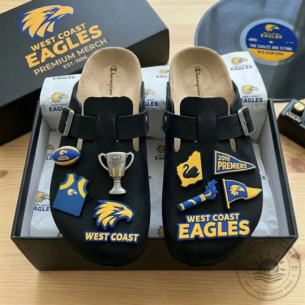 West Coast Eagles AFL Team Black Clogs Shoes with Club Logos West Coast Eagles AFL Team Black Clogs Shoes with Club Logos