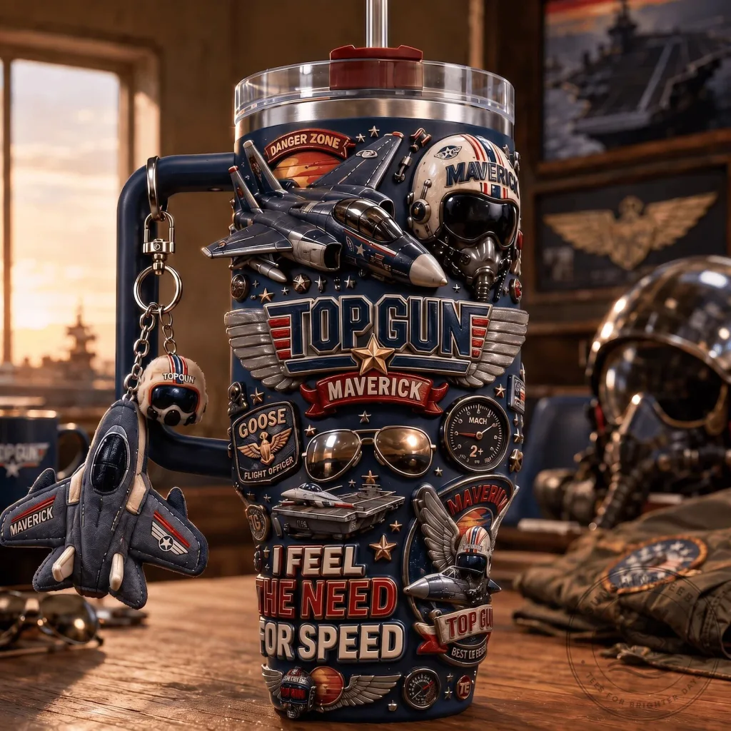 Insulated Stainless Steel Tumbler with Handle featuring Top Gun Maverick Movie Design Insulated Stainless Steel Tumbler with Handle featuring Top Gun Maverick Movie Design