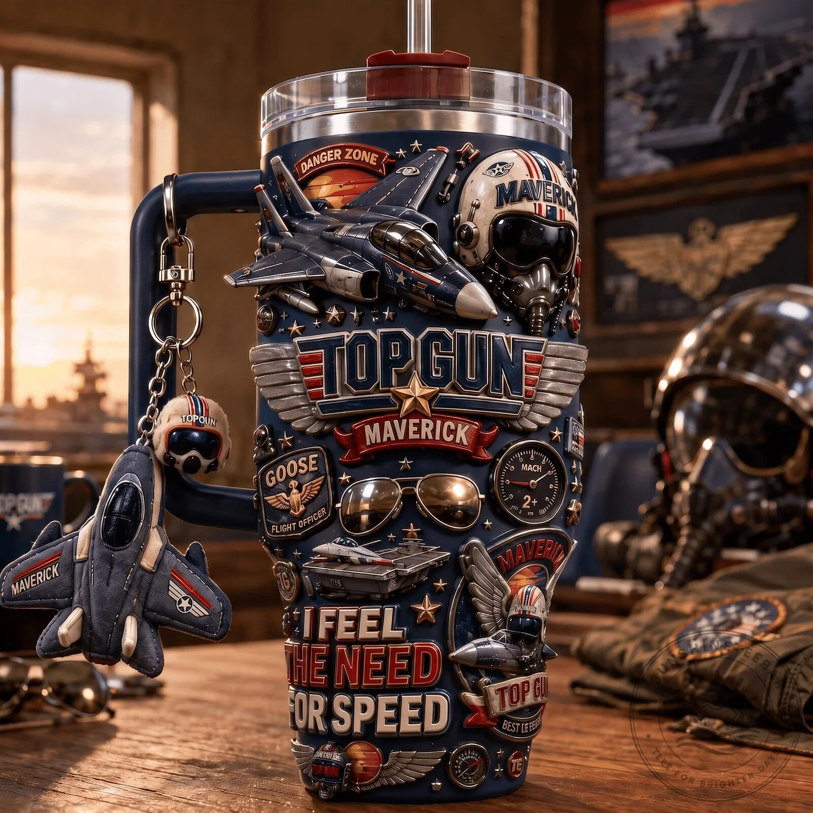 Insulated Stainless Steel Tumbler with Handle featuring Top Gun Maverick Movie Design