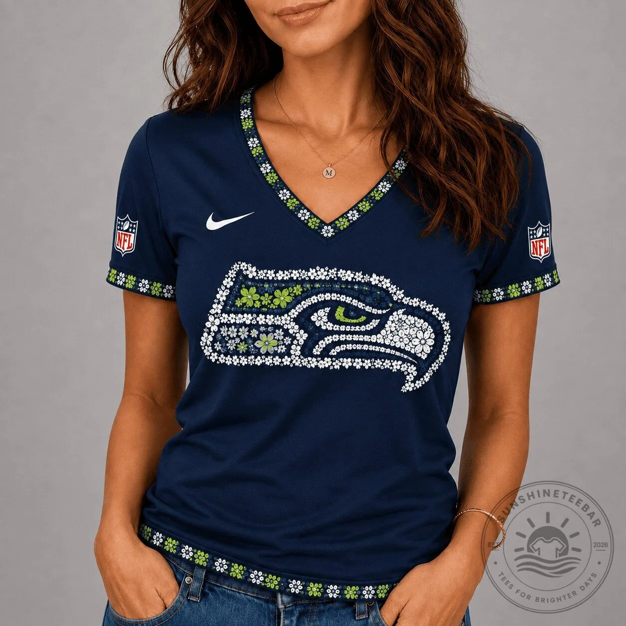 Seattle Seahawks NFL Floral Logo V-Neck Short Sleeve Women's T-Shirt 2 Seattle Seahawks NFL Floral Logo V-Neck Short Sleeve Women's T-Shirt