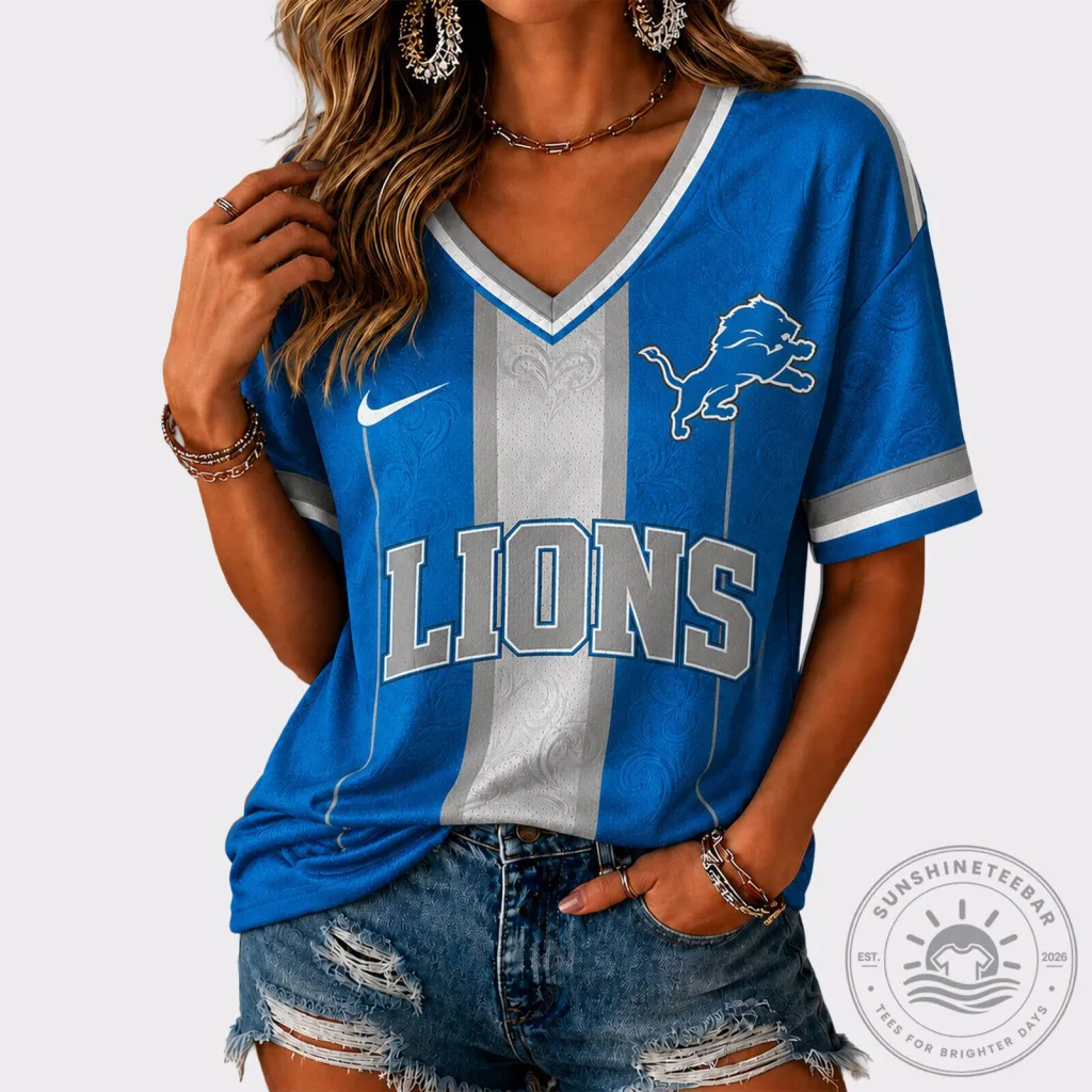 Women's Blue and Silver Striped V-Neck Football Jersey for Detroit Lions Women's Blue and Silver Striped V-Neck Football Jersey for Detroit Lions