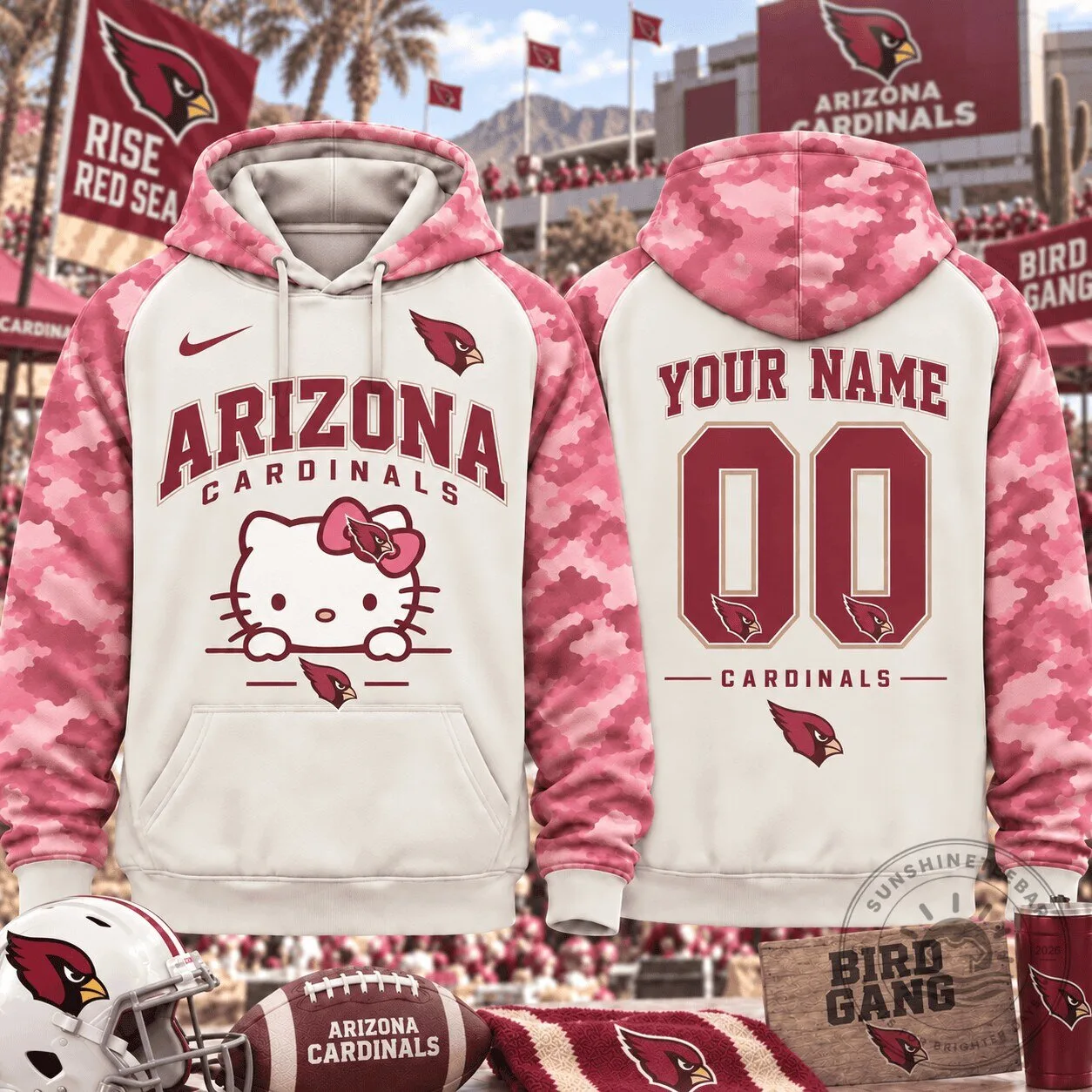 Arizona Cardinals Hello Kitty Pink Camouflage Custom Number Hoodie
