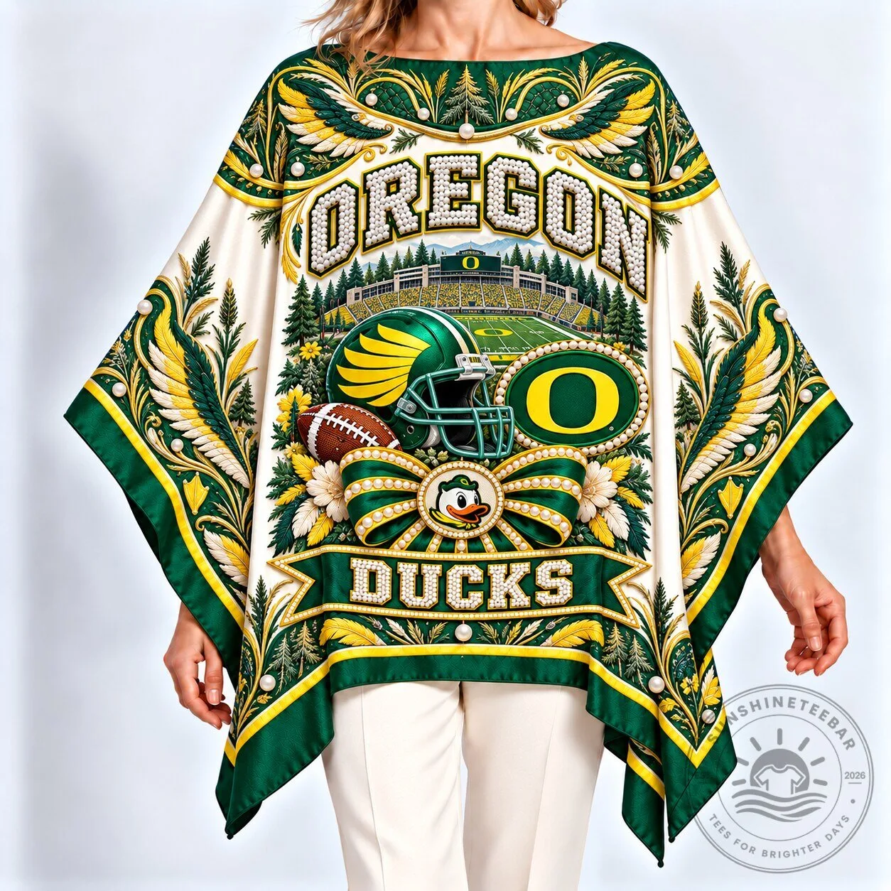 Oregon Ducks Football Team Stadium Scene Women's Fashion Poncho 2 Oregon Ducks Football Team Stadium Scene Women's Fashion Poncho