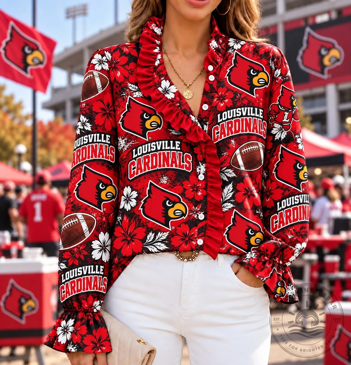 Louisville Cardinals Floral Ruffle Long Sleeve Button Down Shirt