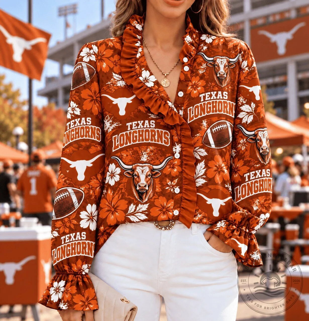 Texas Longhorns Floral Ruffle Button Down Long Sleeve Blouse