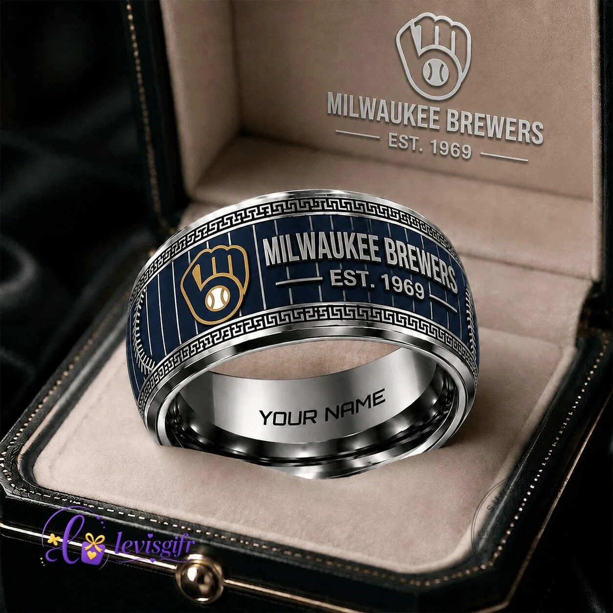 Milwaukee Brewers Baseball Team Logo Ring, Personalized Engraved Tungsten Band