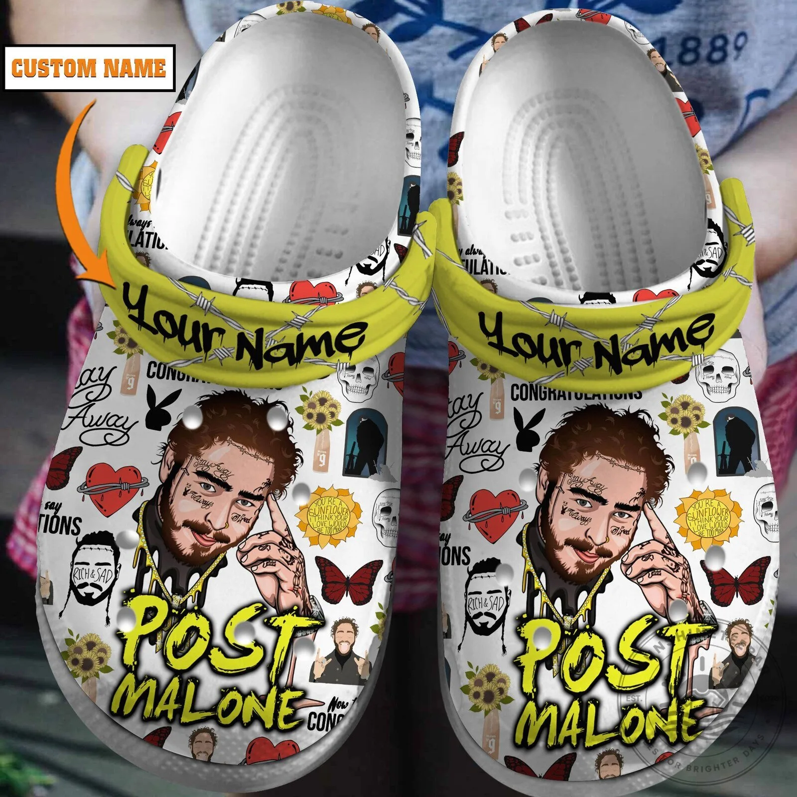 Post Malone Music Fan Art White Custom Name Crocs Clogs