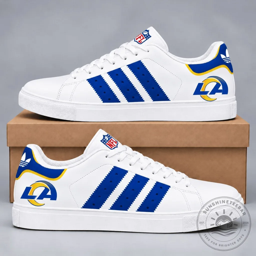 Los Angeles Rams NFL Team Logo White Blue Striped Sneakers Shoes Los Angeles Rams NFL Team Logo White Blue Striped Sneakers Shoes