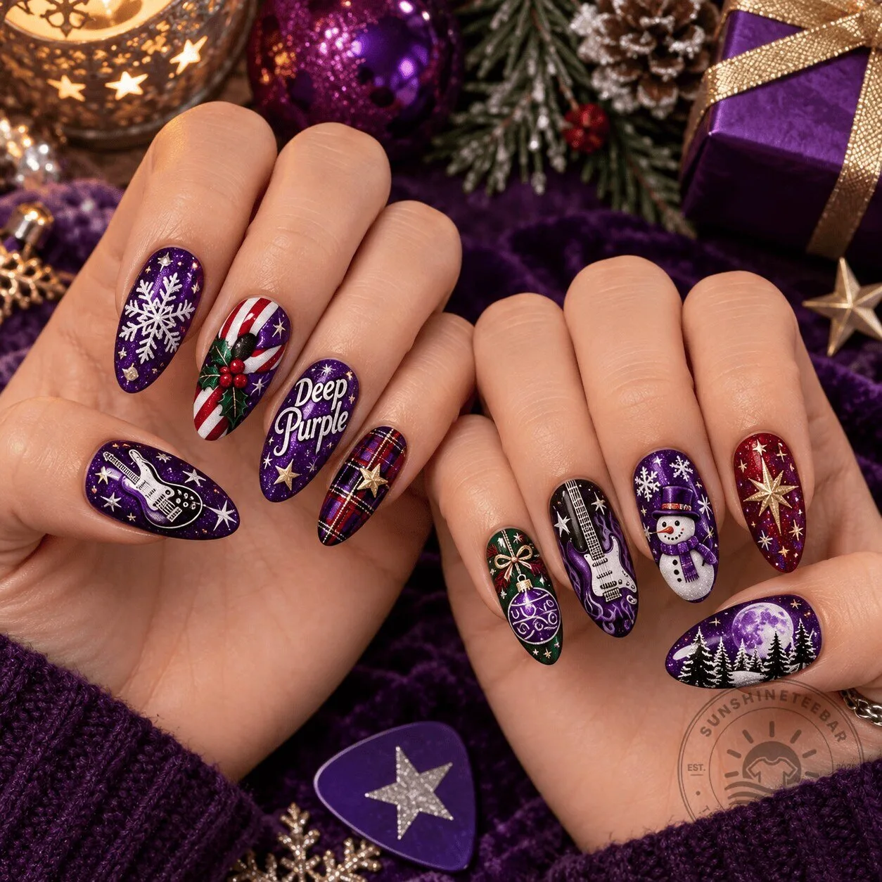 Deep Purple Christmas Holiday Snowflake Guitar Press On Nails Set