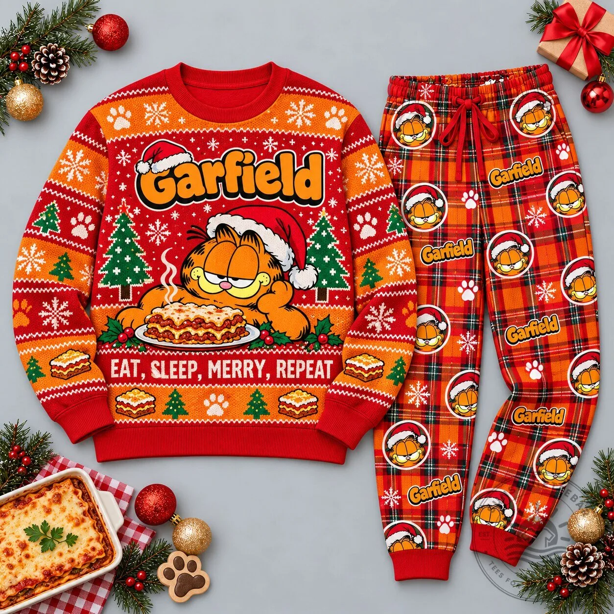 Garfield Christmas Eat Sleep Merry Repeat Holiday Sweater and Plaid Pajama Set