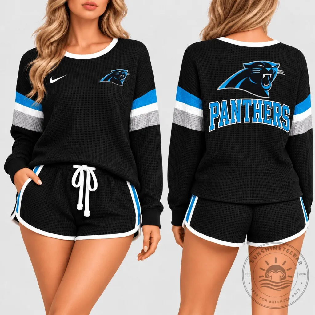 Carolina Panthers NFL Women's Black Waffle Knit Lounge Set Carolina Panthers NFL Women's Black Waffle Knit Lounge Set