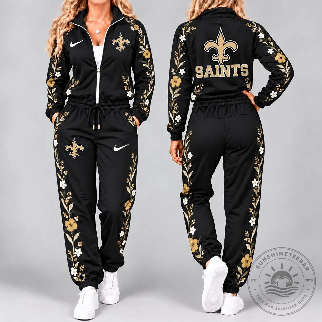 New Orleans Saints Floral Gold and Black Women's Tracksuit Set
