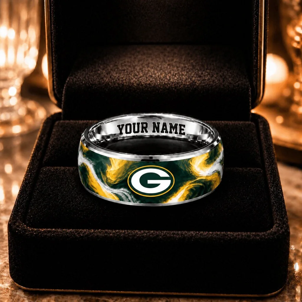 Green Bay Packers NFL Custom Name Engraved Swirl Design Ring Green Bay Packers NFL Custom Name Engraved Swirl Design Ring
