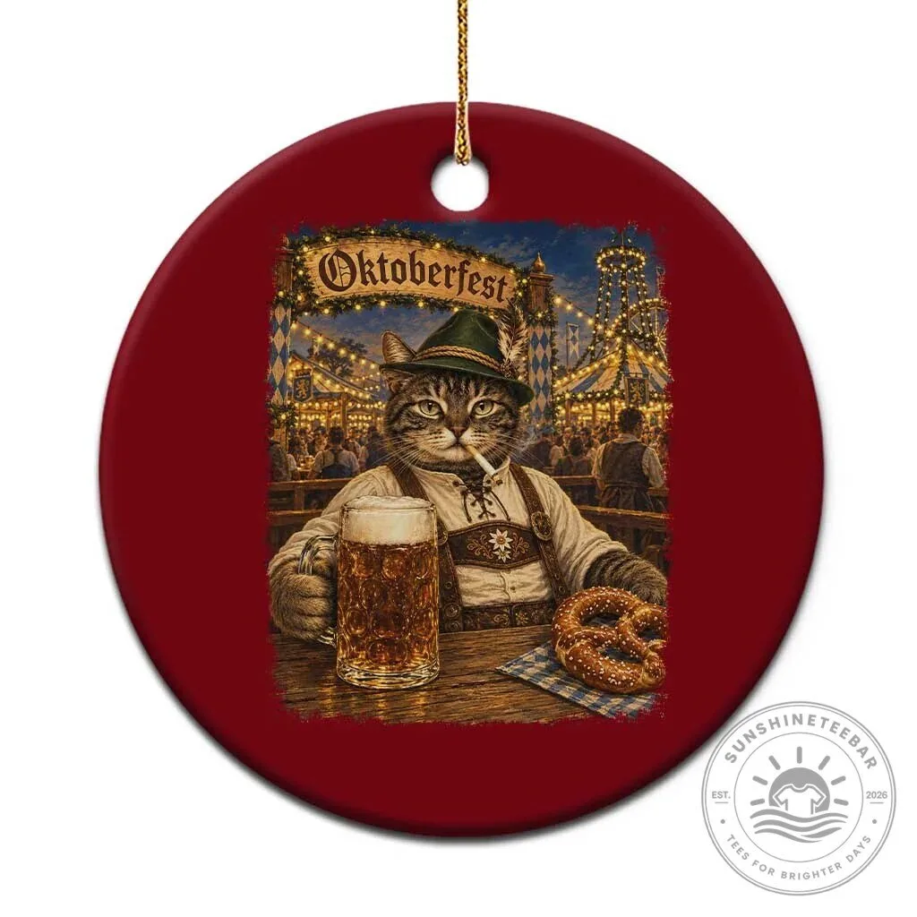 Oktoberfest Cat Drinking Beer and Pretzel Bavarian Kitten Ceramic Ornament