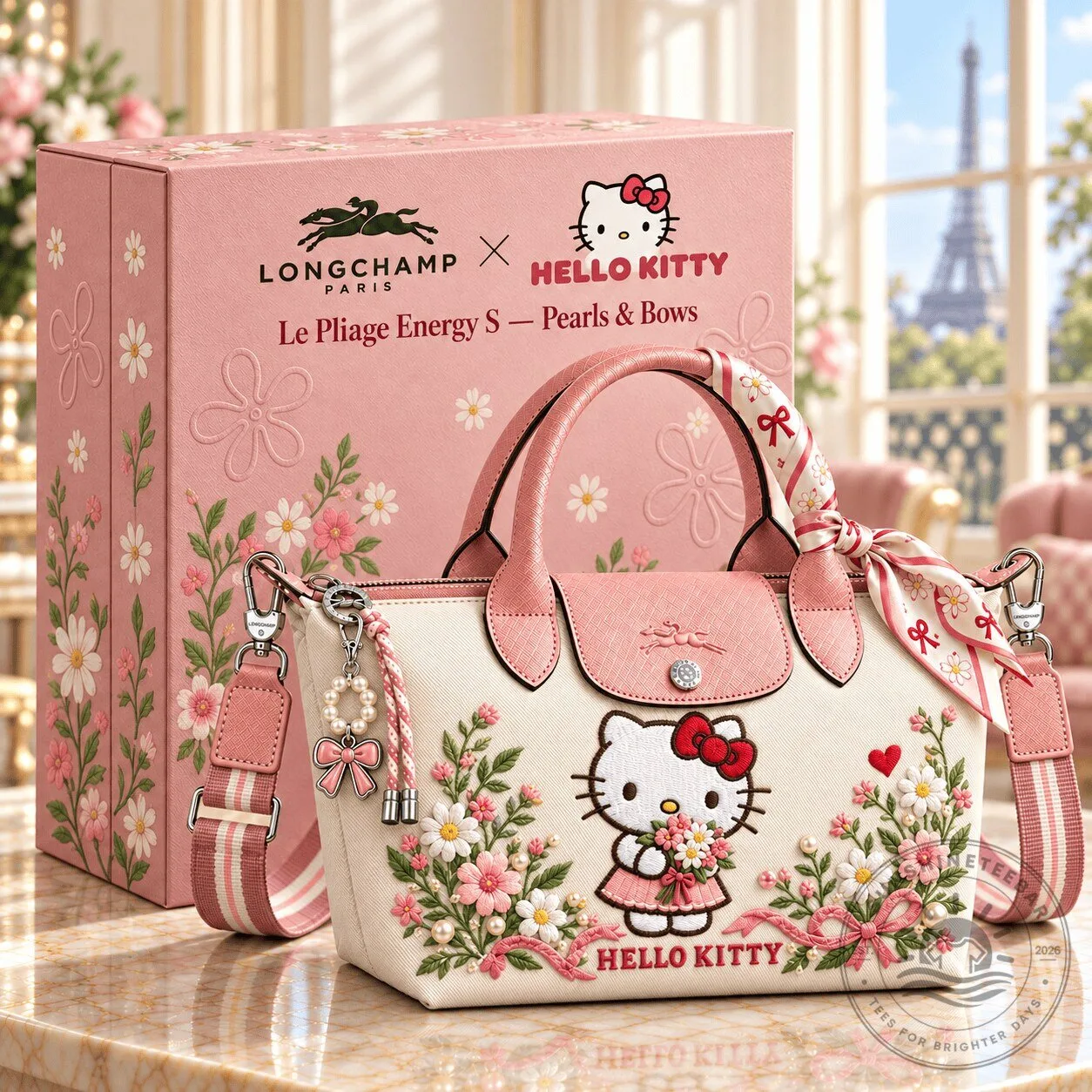 Hello Kitty Longchamp Le Pliage Energy S Pearls & Bows Embroidered Handbag 6 Hello Kitty Longchamp Le Pliage Energy S Pearls & Bows Embroidered Handbag