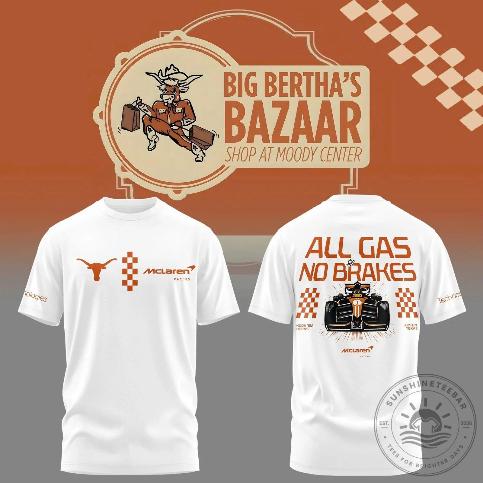 Texas Longhorns McLaren Racing Formula One All Gas No Brakes White T-Shirt
