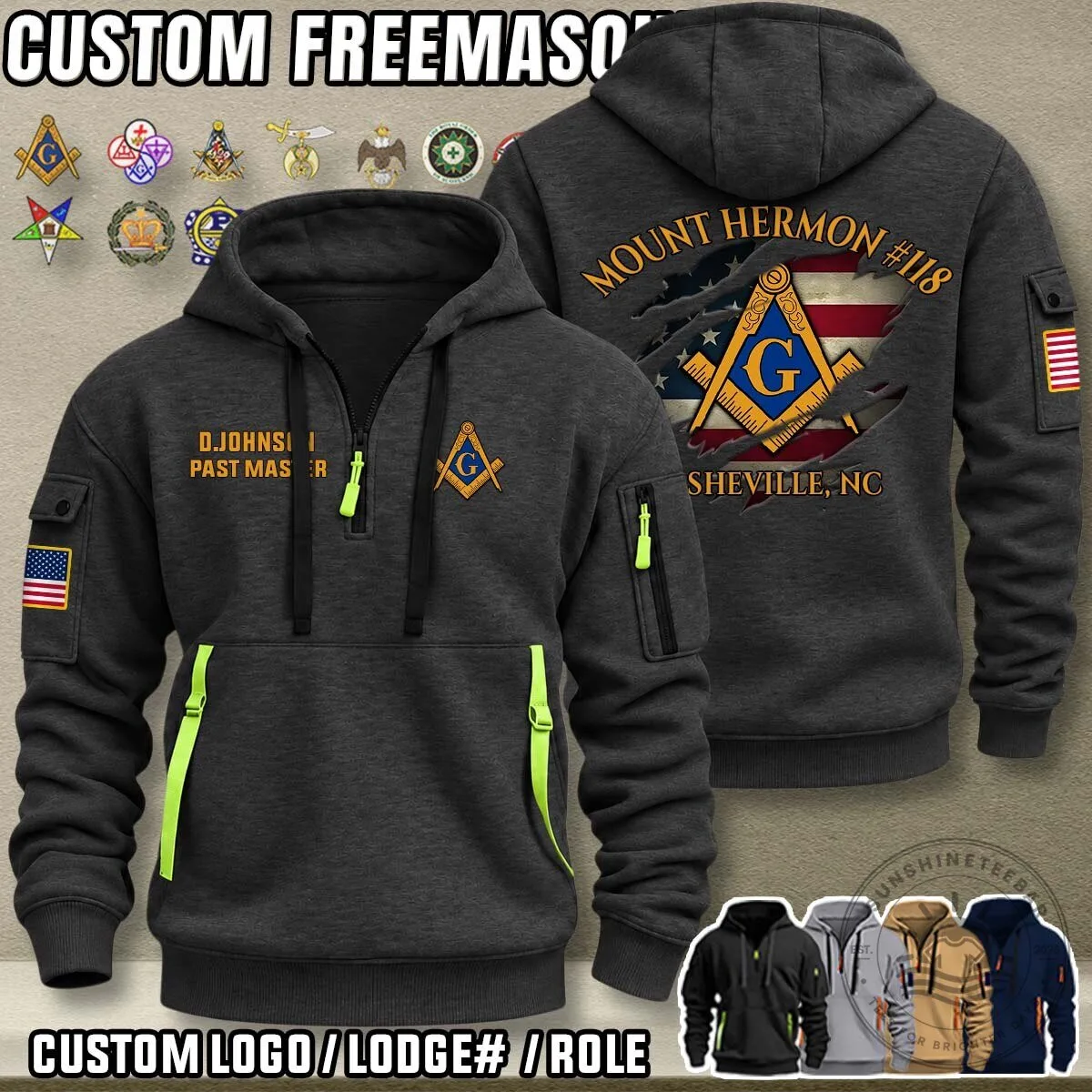 Freemason Mount Hermon Lodge 118 Asheville North Carolina Quarter Zip Hoodie