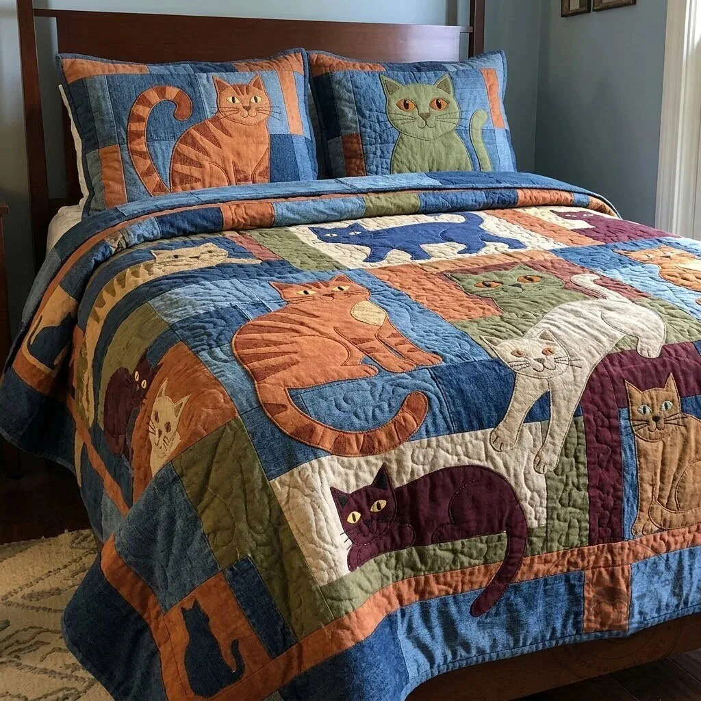 Denim Cats Patchwork Quilted Bedding Set with Pillow Shams 5 Denim Cats Patchwork Quilted Bedding Set with Pillow Shams