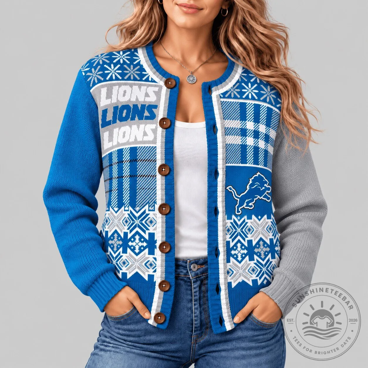 Detroit Lions Fair Isle Plaid Knit Cardigan Sweater