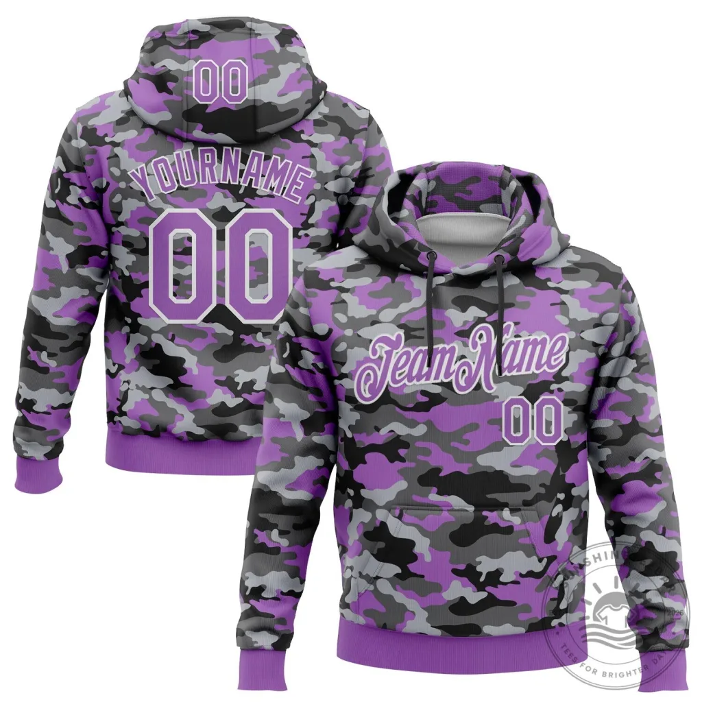 Custom Camouflage Purple Gray White Stitched Number Name Pullover Hoodie