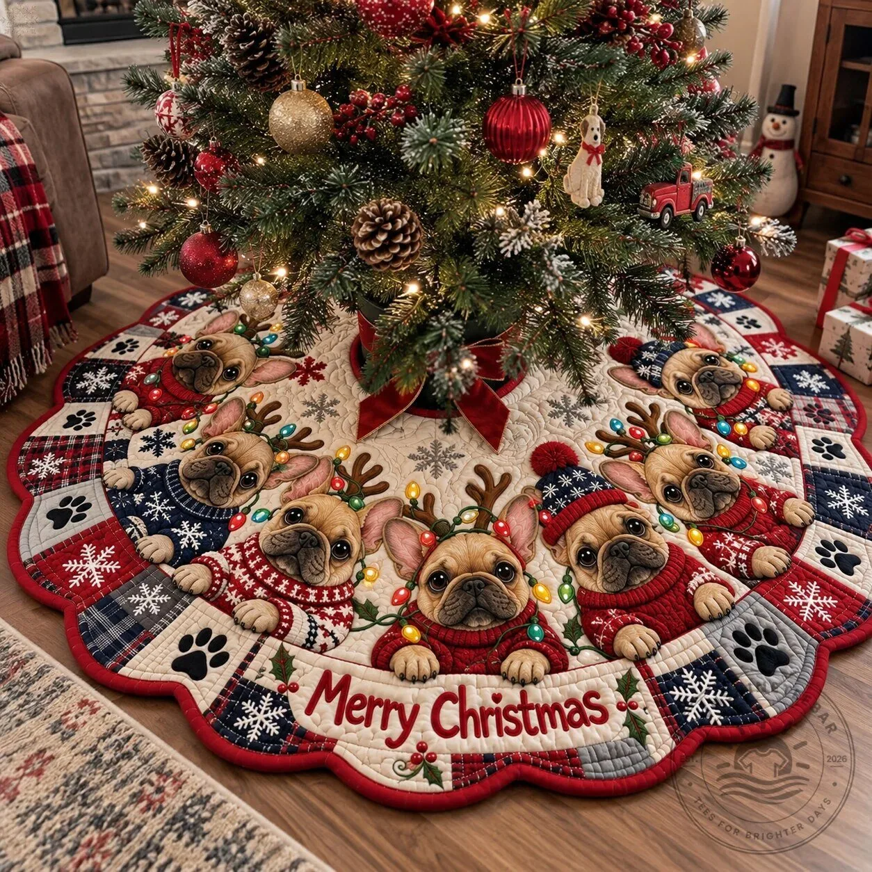 Merry Christmas French Bulldog Puppy Dog Quilted Christmas Tree Skirt