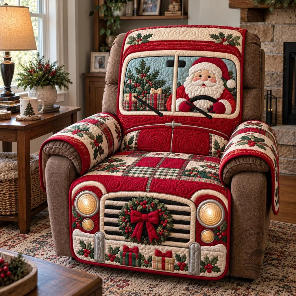 Christmas Santa Driving Red Truck Quilted Recliner Chair Cover
