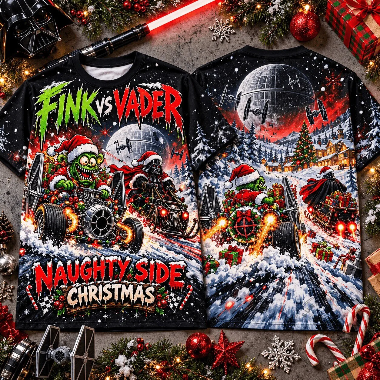 Rat Fink versus Darth Vader Naughty Side Christmas All-Over Print T-Shirt